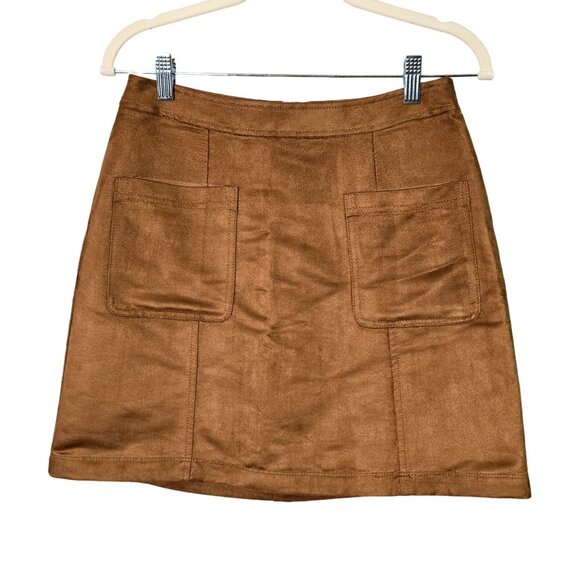 Old Navy Womens sz 4 Faux Suede A-Line Mini Skirt Front Pockets Camel Caramel Br - Picture 3 of 14